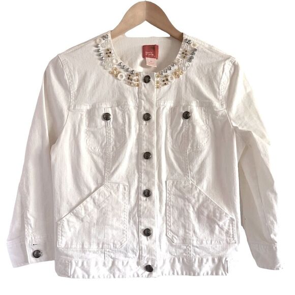 White denim Embellished Hearts of Palm Jacket Sz 10 - Picture 1 of 10
